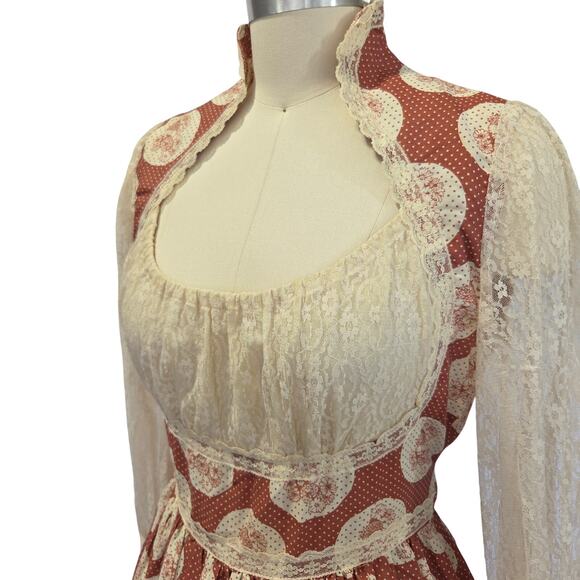 Gunne Sax Red Floral Milkmaid Maxi Dress Size 13 Calico Vintage 70s Prairie - Picture 8 of 14